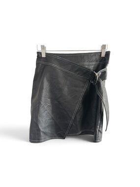 Topshop Faux Leather Wrap Mini Skirt US 2 Black Belted Moto GothContrast Stitch